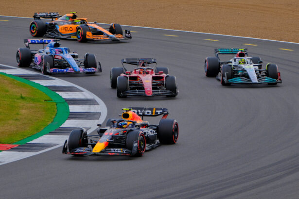 Red Bull Racing's Sergio Perez, Ferrari's Charles Leclerc, Mercedes' Lewis Hamilton, Alpine's Fernando Alonso and McLaren's Lando Norris